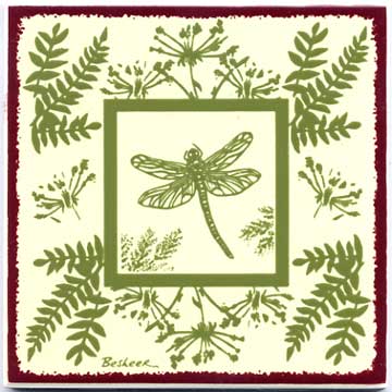 Dragon Fly Botanical design as tile art, trivet, or wall plaque. Can be used in a kitchen backsplash or bathroom tile.